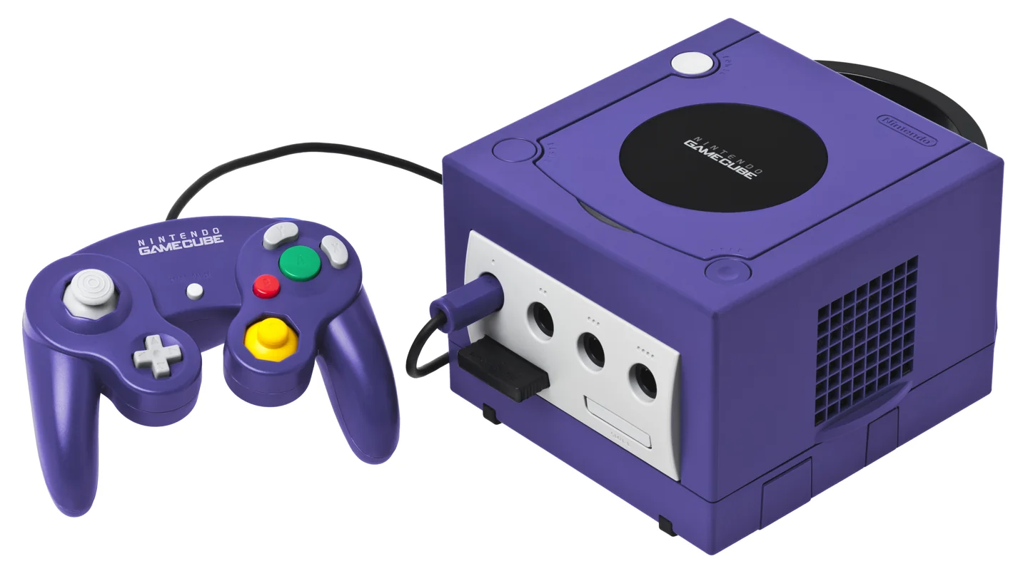 Paarse Nintendo GameCube met controller en vier controllerpoorten