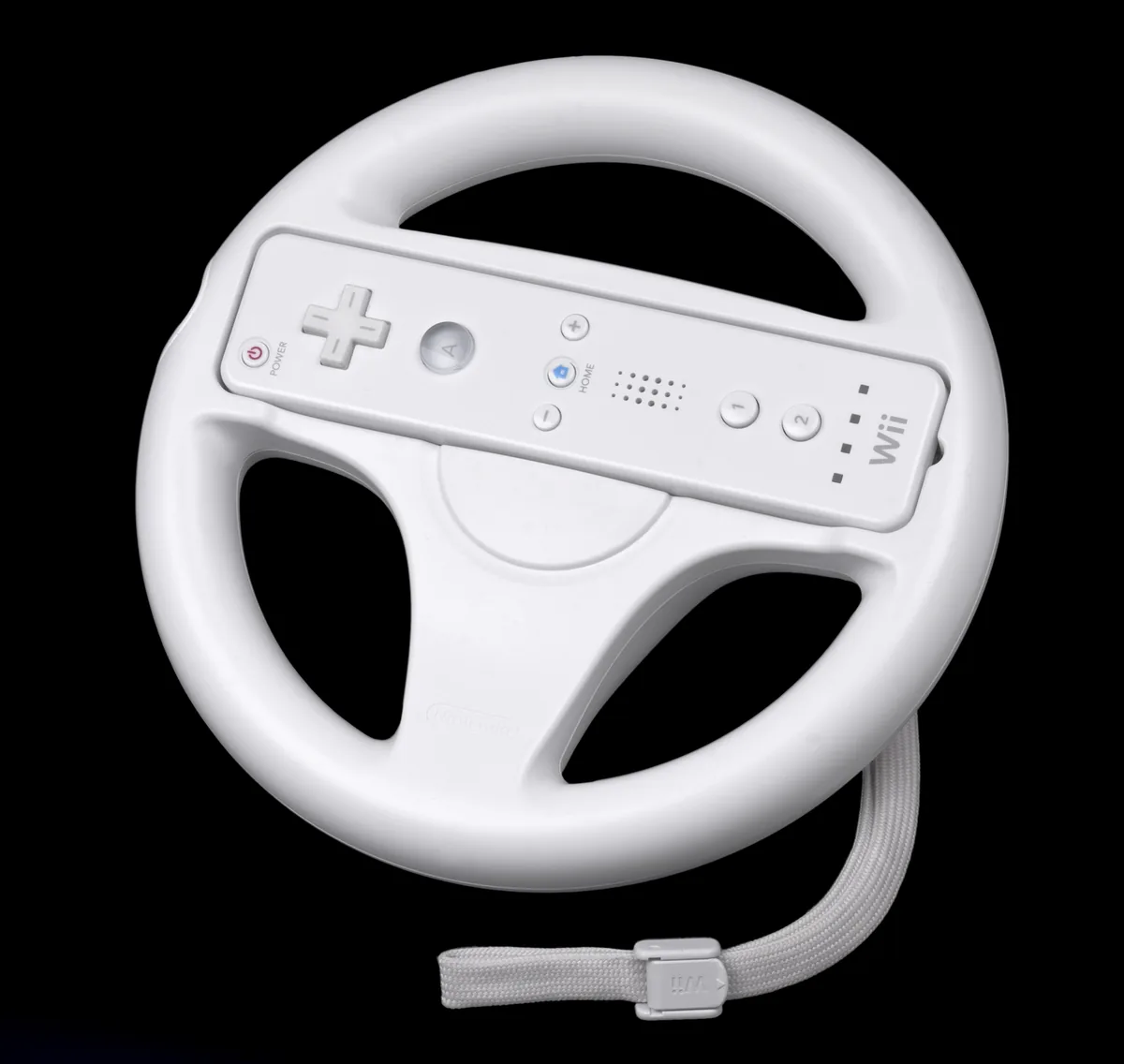 Wit Wii Wheel met een Wii Remote in de houder